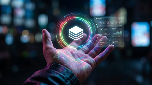 A person holding a glowing digital interface representing blockchain technology and decentralized data storage with a futuristic neon circular light effect background