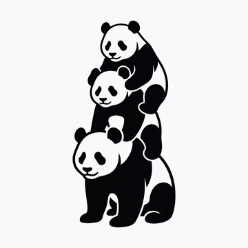 Three pandas forming a vertical tower. Cute bear stack silhouette for creative design.