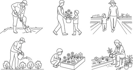 Obraz premium Set of diverse people gardening, planting flowers, watering, and working in a community farm line art vector illustration