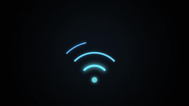 Glowing blue Wi-Fi symbol on dark background representing high-speed wireless internet connection and digital networking