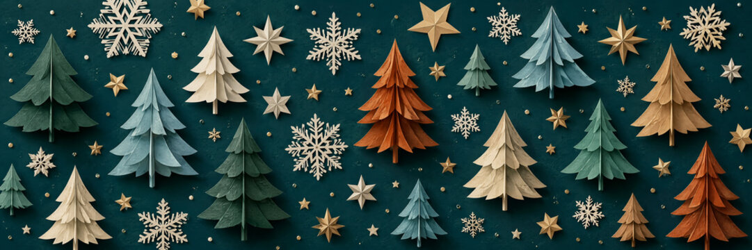 Handcrafted paper Christmas trees with snowflakes and stars pattern