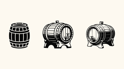 Set of three wooden barrels, classic and vintage styles with taps, for wine, beer, or spirits. © Anukul Debnath