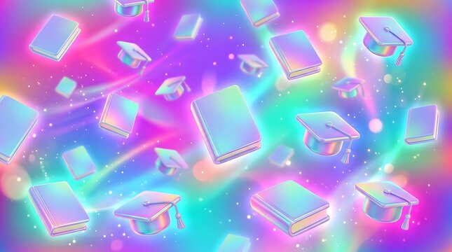 Floating holographic graduation caps and books on a vibrant iridescent background, with glowing light, streaks and bokeh particles