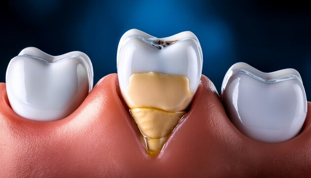 restorative dental filling tooth repair oral health concept with close up of dental filling in molar