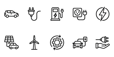 Obraz premium Set of 10 line art icons including electric car, plug, charging station, socket, solar car, and wind turbine. Vector symbols for electric vehicle charging and renewable energy.