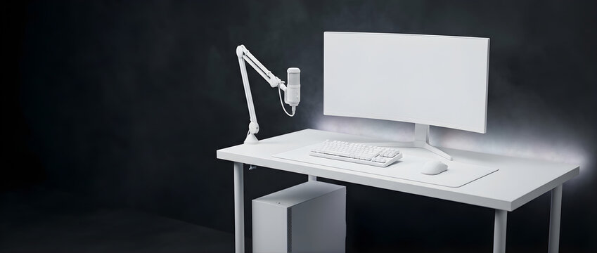 Modern minimalist home office setup with a white desk computer and microphone against a dark moody background