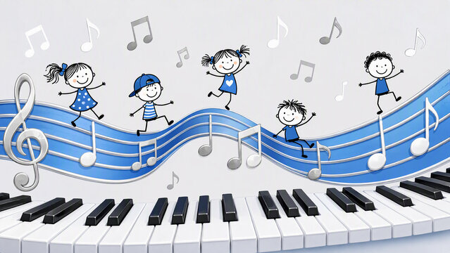 Cheerful children dancing on musical notes above piano keys