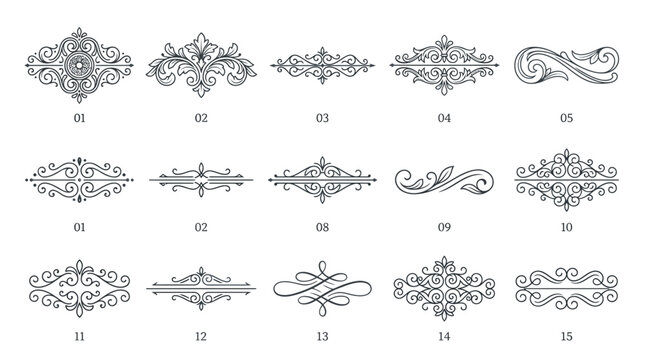 Ornaments display a collection of intricate vintage dividers designed for elegant page decoration and professional typesetting projects.