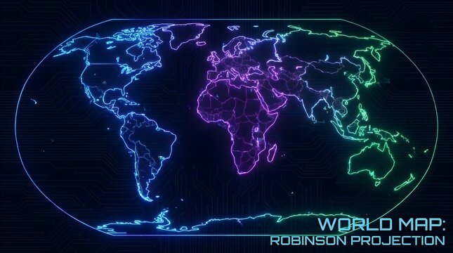 A cinematic widescreen Robinson projection neon world map featuring the seven continents outlined in vibrant glow over a subtle circuit board pattern