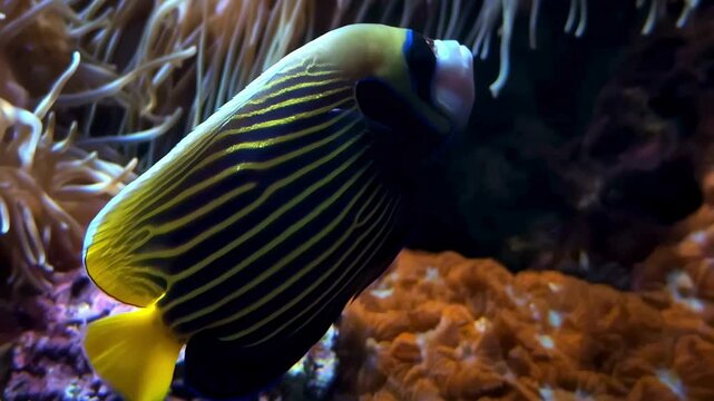 Colorful striped angelfish swimming near coral reef underwater