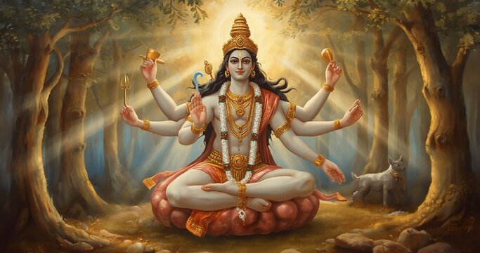 Lord Shiva, or Ishvara, is one of the three supreme deities of the Trimurti in Hinduism. He is the god of destruction of evil, rebirth, and yogic practice. His consort is Goddess Uma Devi, and his son