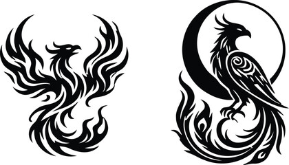 Fototapeta premium Set of two black phoenix bird illustrations featuring a flying fire bird and a perched mythical creature