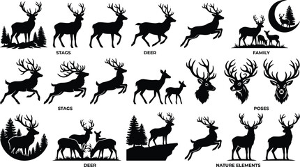 Collection of various black deer and reindeer silhouettes for christmas and winter holiday design projects and decorations © MDZiaul