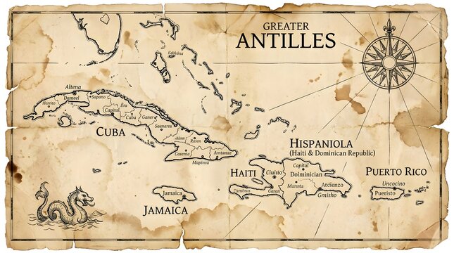 Antique Style Political Map of the Greater Antilles and Caribbean Islands