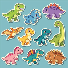 Fototapeta premium Adorable Jurassic Creature Stickers Showcasing Diverse Dinosaurs in Vibrant Colors