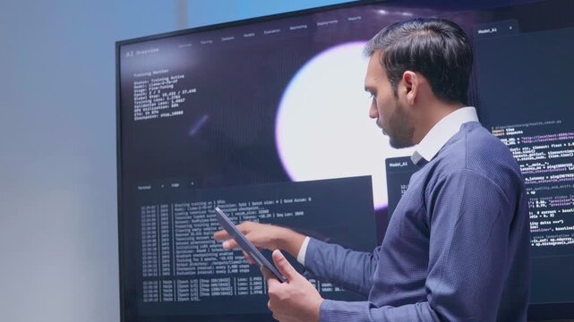 Software engineer reading code on computer screen and use digital tablet analysis data cyber security. Programmer develops using technology artificial intelligence verifying coding on dashboard tech