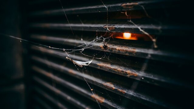 Dusty dark vent with spider webs and trapped light behind the slats