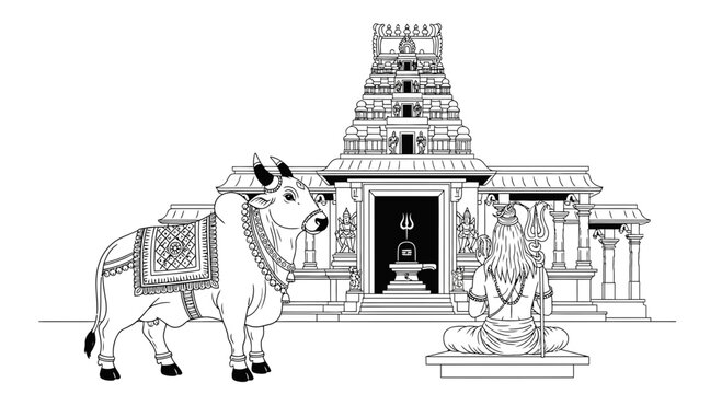 Lord Shiva Meditating with Nandi Bull at Ancient Indian Temple