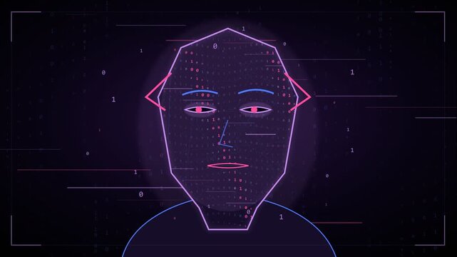 Facial recognition technology scanning a digital human face composed of binary code. Representing concepts of biometric security. Artificial intelligence. Machine learning. And personal data privacy