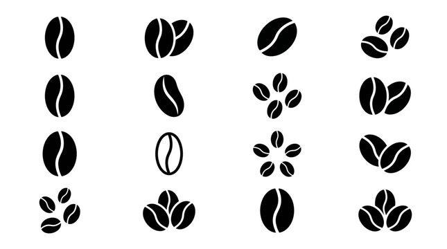 Set of various black coffee bean icons isolated on a white background.