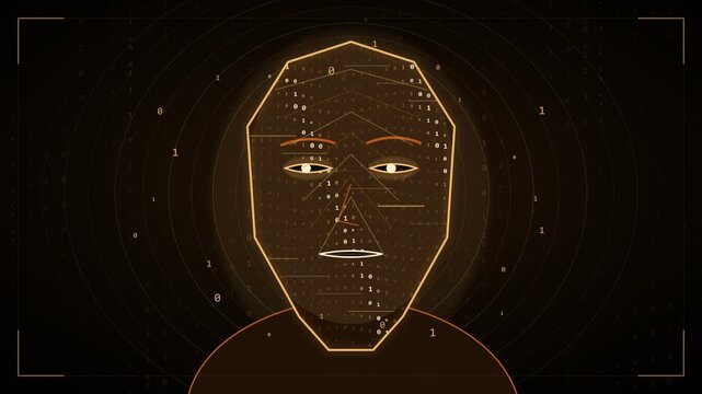 Animated futuristic concept of a facial recognition system scanning a digital human face made of binary code, representing artificial intelligence, biometric security, and modern surveillance