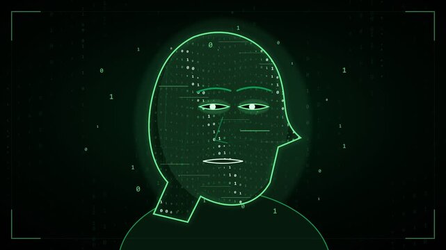 Animated human head profile composed of binary code undergoing a facial recognition scan on a green digital screen, representing advanced surveillance, cybersecurity, and artificial intelligence