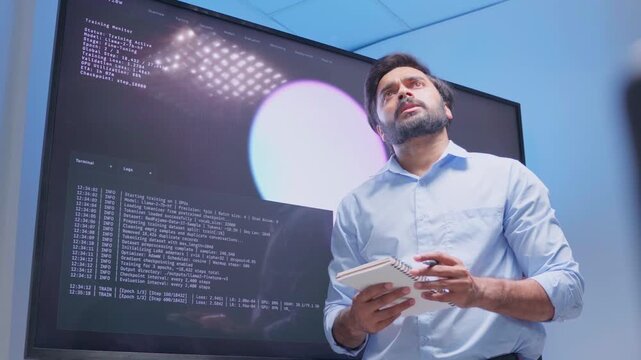 Software Developer reading note report and verifying coding on screen computer technology at office. Programmer working writing code analysis system artificial intelligence. Software engineer present
