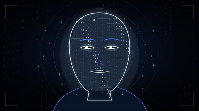 Animated human face constructed from binary code undergoing a digital facial recognition scan with a futuristic interface. Representing artificial intelligence. Cybersecurity