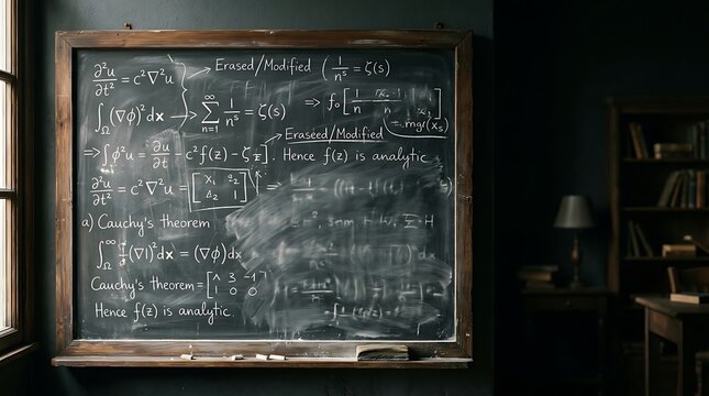 Mathematical equations and cauchy's theorem written in white chalk on a dark green classroom blackboard with wooden frame