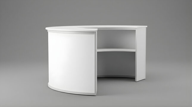 Modern White Curved Retail Display Stand with Shelves and Blank Panels for Product Showcase