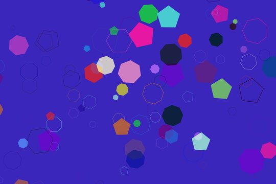 Colorful geometric hexagons and pentagons on blue background