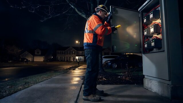Electrician inspecting electrical panel at night with flashlight and safety gear