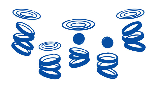 Blue hand drawn spring and coil vector illustrations with bouncing balls and concentric circles for physics and mechanics design