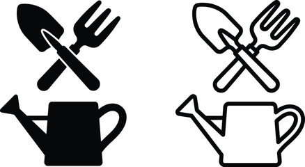 Essential gardening tool icons featuring crossed shovel and fork with a classic watering can design © GraphicGrove