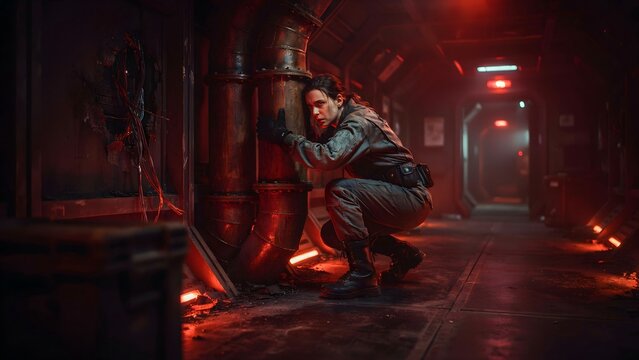 Woman in dark, industrial corridor with red backlighting and pipes, crouching near machinery
