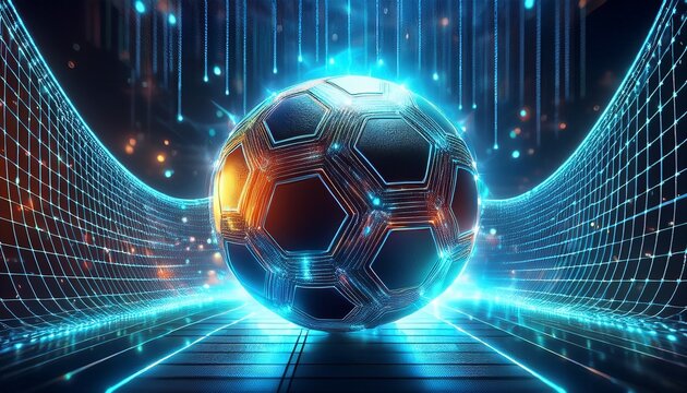 a digital soccer ball made of glowing circuits heads toward a goal with a net displaying flowing binary code goals reached success at sight with ai