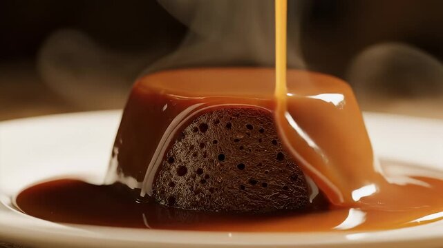 Warm chocolate pudding topped with pouring golden caramel sauce and steam