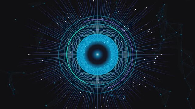 Abstract blue circular light pulse with particles in dark space