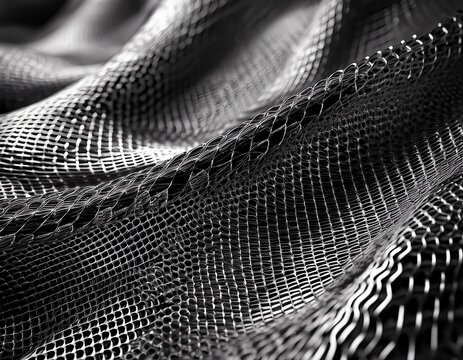 close up black and white photo of a metallic mesh fabric with intricate reflective patterns and textures nano tech world ai technology