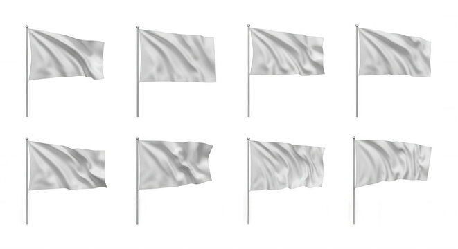 several blank white waving flags on poles set against a white background symbolic representation for various concepts