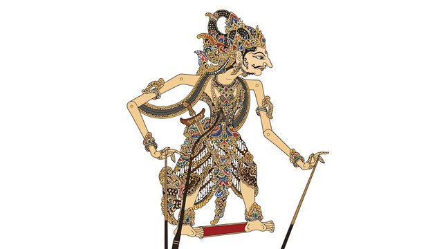 Traditional Javanese shadow puppet character isolated on a white background.