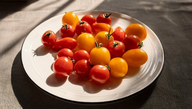 yellow tomato fresh red cherry tomatoes on white plate aesthetic food photography with sunlight and shadows on freshy picked vegetables