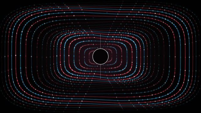 Futuristic animation showing blue and red particles moving along curved paths around a central black hole, representing concepts of gravity, data flow, and magnetic fields in space
