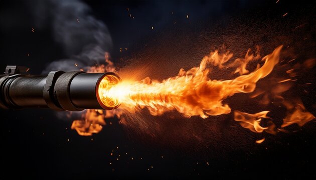 muzzle flash with glowing orange flames exiting black barrel intense heat rapid fire burst energy
