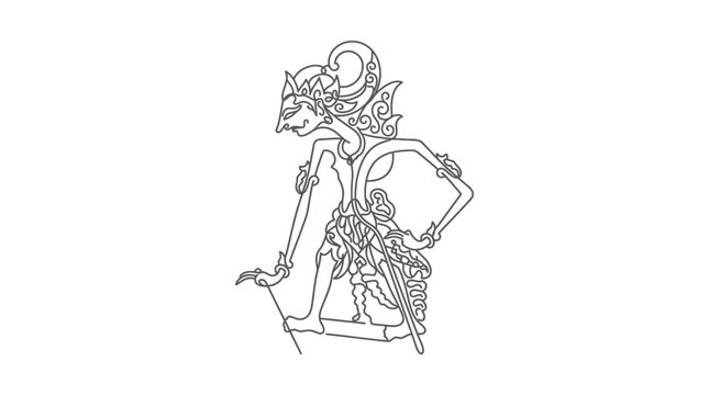 Black and white line art illustration of a traditional Javanese wayang kulit shadow puppet.