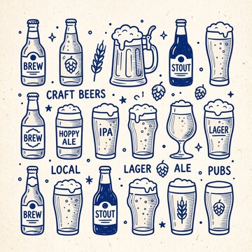 Beer icons doodle set. Hand drawn craft brewery elements and pub drink illustrations.