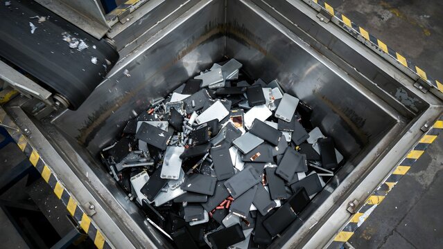 Industrial shredding machine crushing electronic devices into small pieces