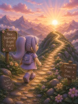 Cute 3D Clay Girl Walking Toward Bright Future on Mountain Path