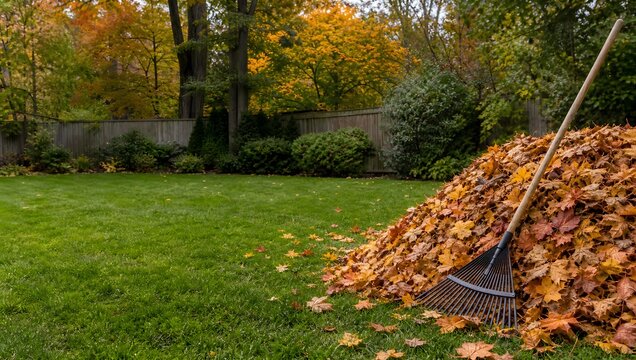 Large pile of colorful autumn leaves with a rake on green lawn in residential backyard.