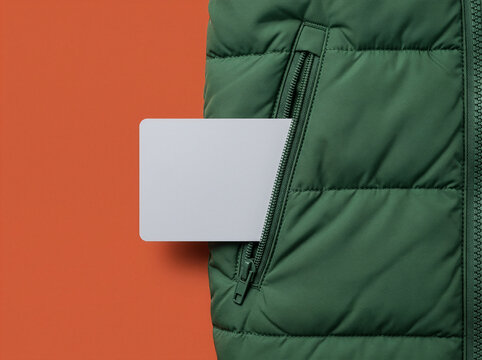 Blank card sticking out of a green puffer jacket zippered pocket on orange background